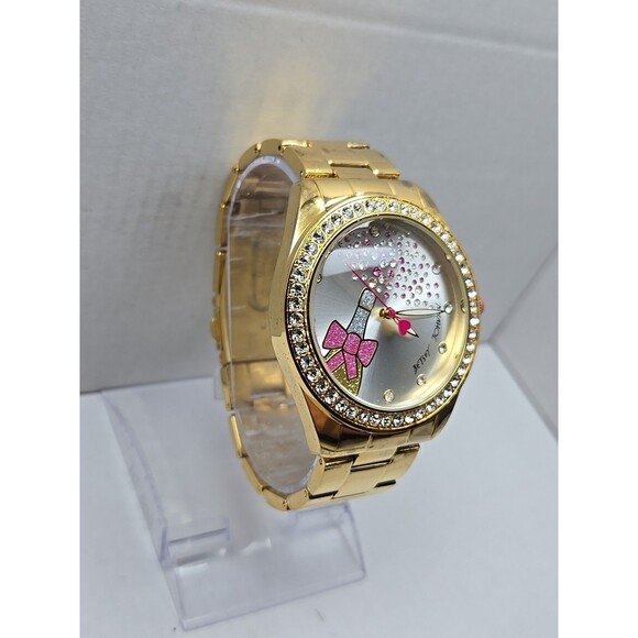 Betsey Johnson Gold Tone Crystal Bezel Champagne Bottle Bow Quartz New Battery - Picture 3 of 13